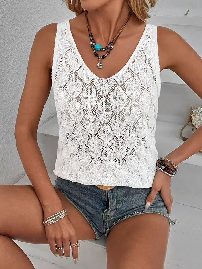 Débardeur en dentelle crochet pour femme style bohème ajouré sans manches décontracté été plage vacances