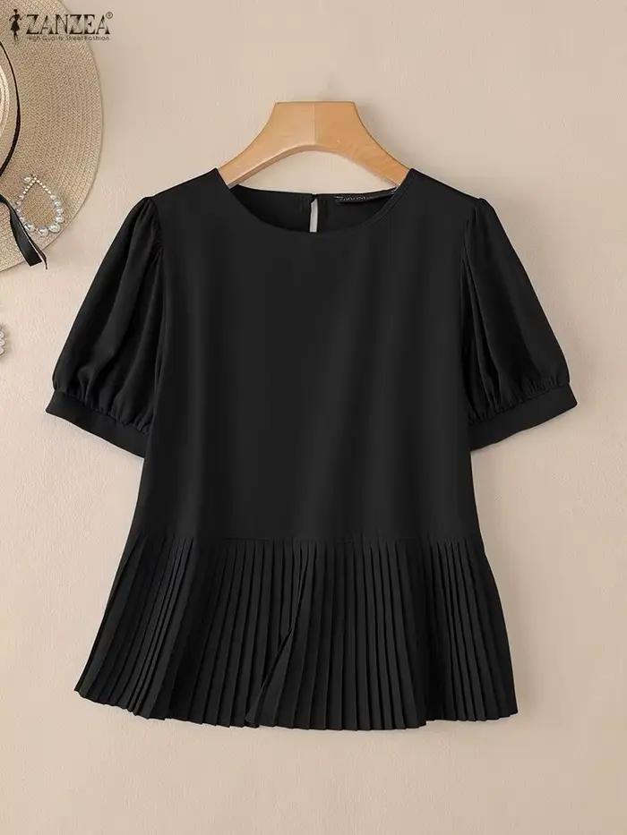 ZANZEA femmes ourlet plissé Blouses décontracté col rond manches courtes bouffantes couleur unie Blouse