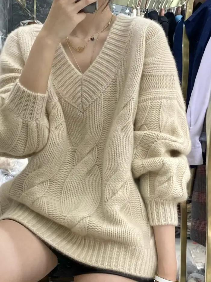 Nouvelle mode automne hiver femmes vêtements 100% laine mérinos col en v à manches longues qualité Minimal pulls pull tricots hauts