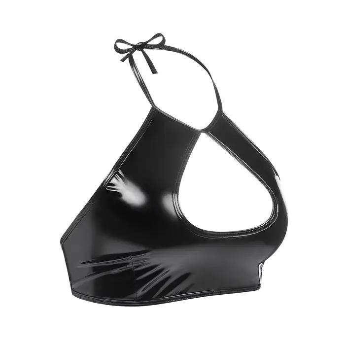 Haut sexy en cuir verni souple à haute brillance col licou gilet en cuir PU frais et doux sangle licou poitrine ajourée gilet chaud pour femmes occasions spéciales