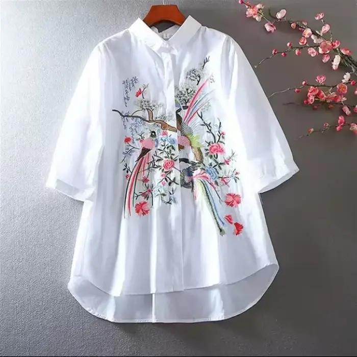 Chemisier d'art de littérature pour femmes chemise chine Blusas Chic broderie fleur Blouses