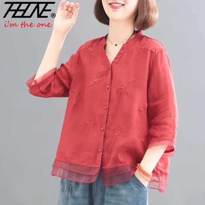 Chemisier Vintage en Coton et Lin pour Femme Décontracté avec Bouton Broderie Albesaine Solide Occasions Spéciales Printemps Ete