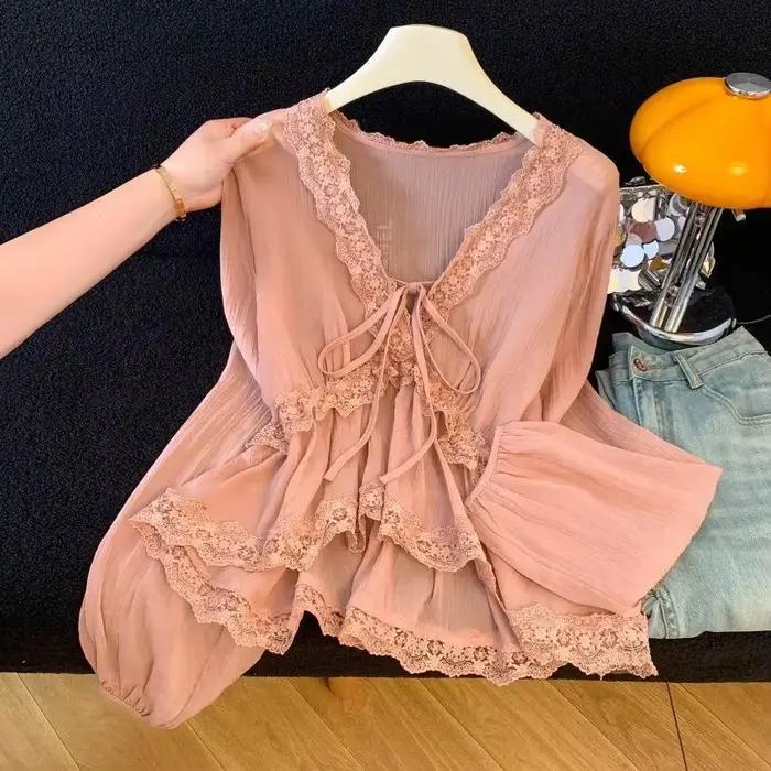 Chemisier Femme Été Broderie Française Dentelle Nœud Devant Coupe Ample Doux Élégant Luxueux Minimaliste Décontracté Niche Polyvalent