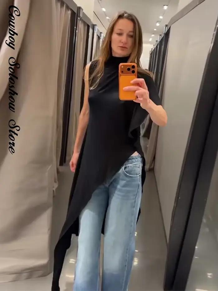 Haut asymétrique noir unique pour femme