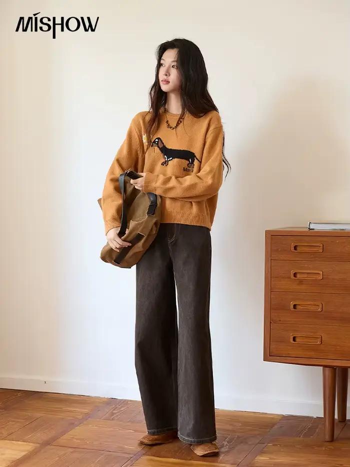 MISHOW Orange col rond pull pour femmes 2025 automne hiver nouveau saucisse chien dessin animé Jacquard ample décontracté Kint haut MXE48Z2578