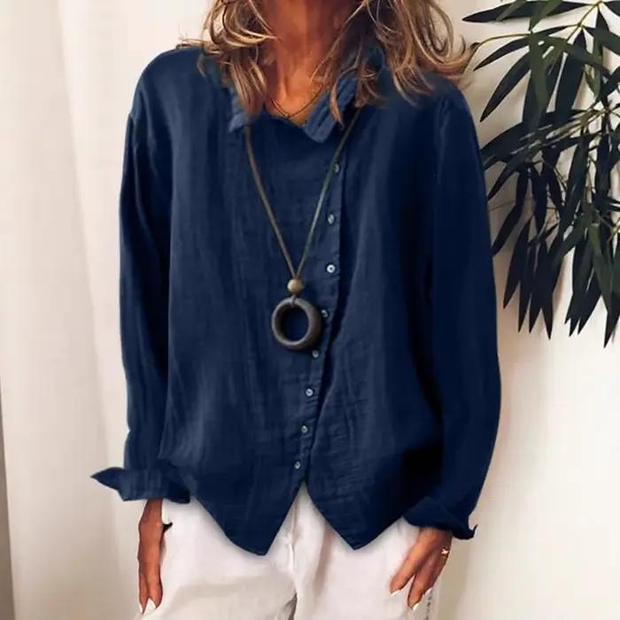 Chemisier femme 2026 décontracté d'été respirant ample couleur unie élégant en coton et lin à manches longues – Vêtements féminins