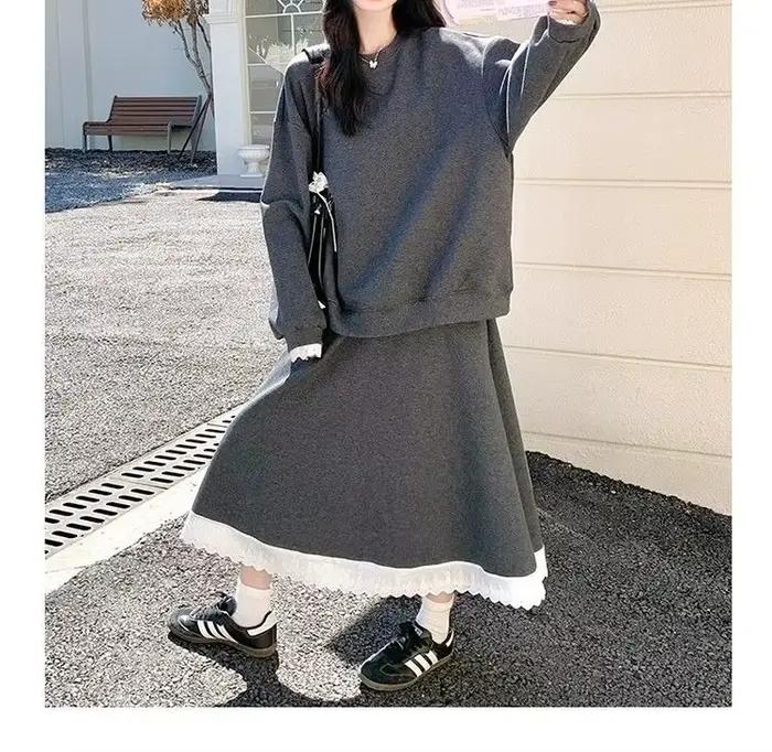 Ensemble jupe et pull gris pour femme, nouvelle collection automne-hiver 2026, ensemble une pièce pour l'extérieur.