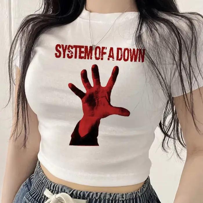 T-shirt crop top System of a Down pour femme, style alternative, graphique Harajuku, années 2000, Gyaru, Japon, alternative, pour soirée, soldes