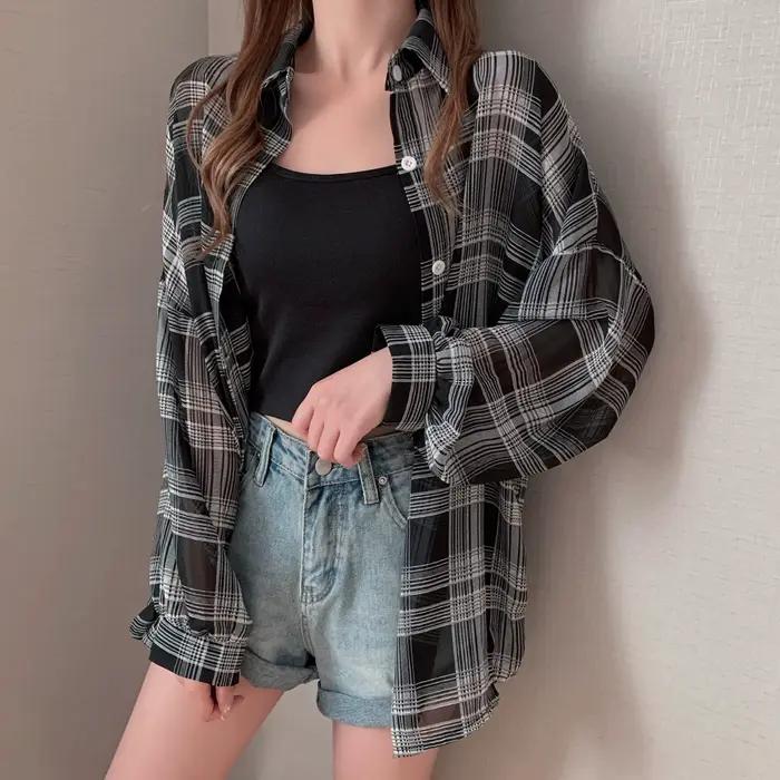 Chemise à carreaux en mousseline de soie pour femmes