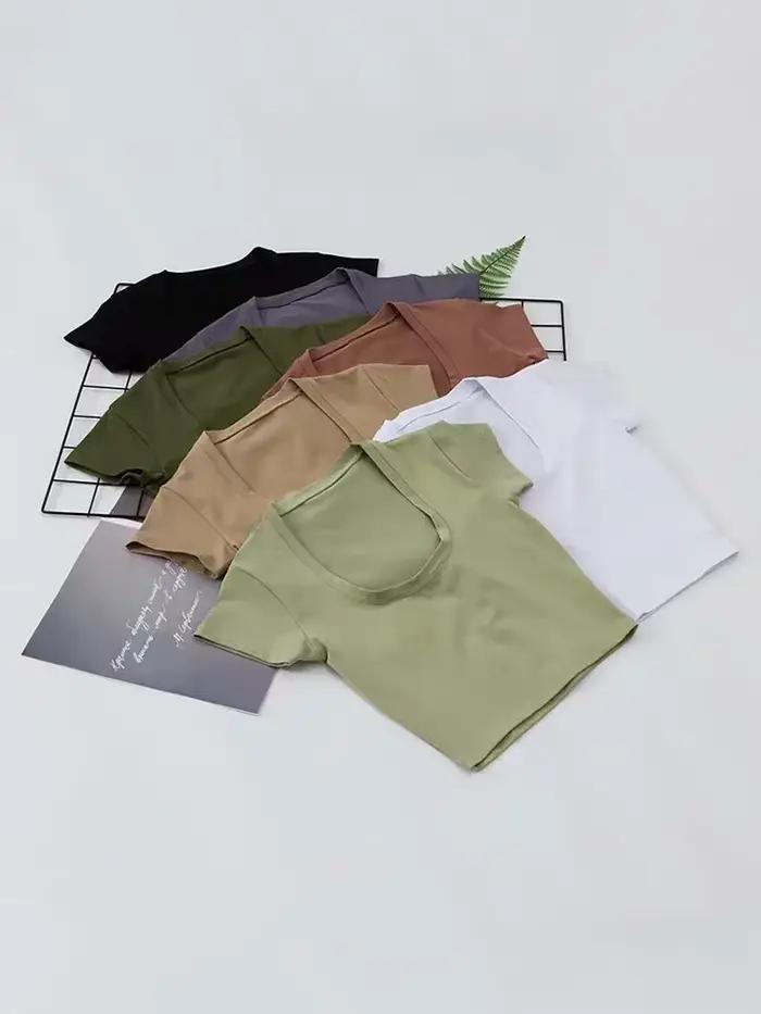 Haut court à col en U pour femmes, couleur unie, décontracté, taille haute, amincissant, polyester et élasthanne, débardeurs, été, streetwear, sexy