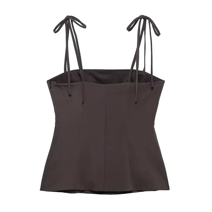 Willshela femmes mode marron à lacets dos nu côté fermeture éclair hauts Vintage fines bretelles col carré femme Chic dame haut