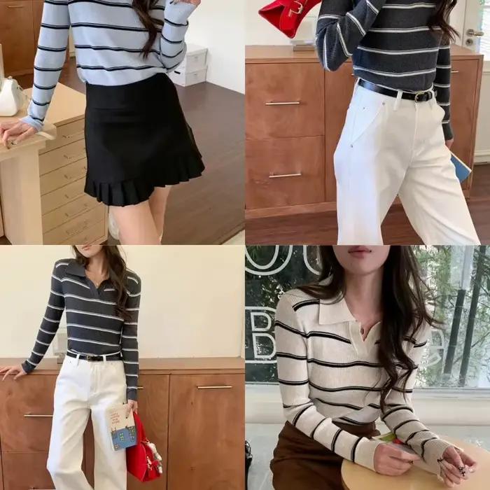 Pull en maille rayée pour femme, manches longues, col rabattu, pull-over, hauts slim vintage preppy d'automne, chemisier côtelé décontracté