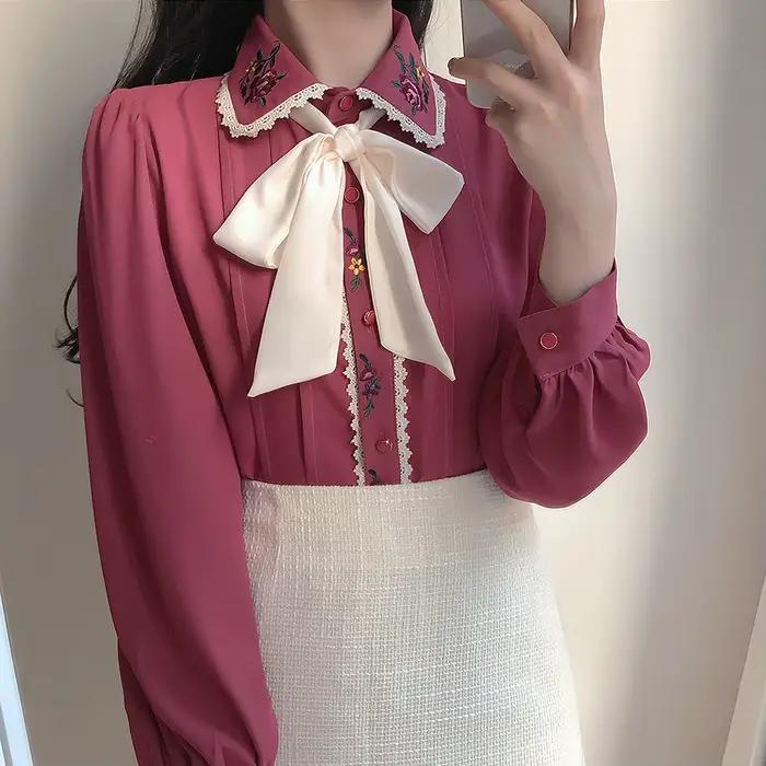 Chemisiers et Blouses Élégants Formels pour Femmes 2026 – Nouveauté Style Preppy Vintage Japon Corée avec Nœud Papillon et Ruban, Boutons Décoratifs