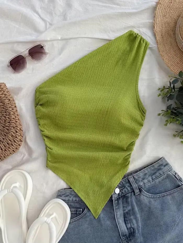 Débardeur asymétrique en polyester et élasthanne pour femmes d'âge moyen, style Y2K, adapté aux activités estivales, ocassions spéciales et garde-robe quotidienne