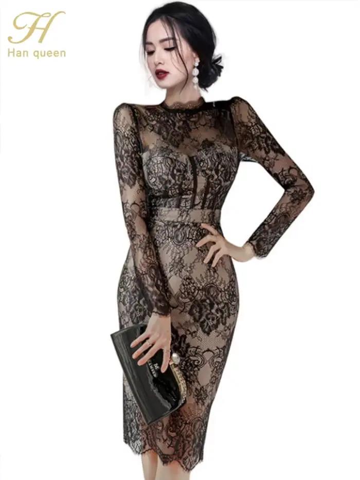 H Han Queen automne nouveau voir à travers dentelle robes mode coréenne Crochet fleurs robe crayon élégant Simple fête