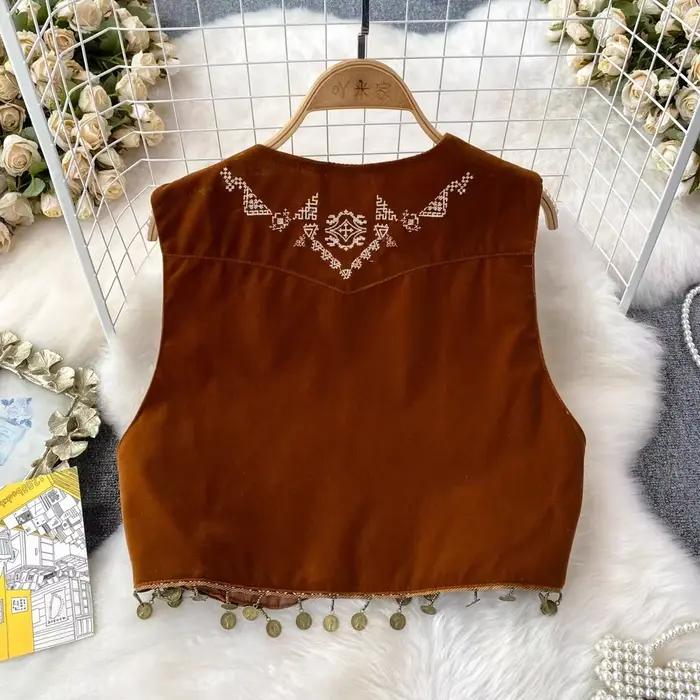 Gilet en coton et polyester imprimé Dancing JL Ants col en V style folk vintage pour femmes occasions spéciales