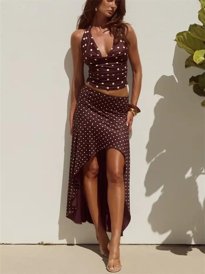 Ensemble jupe à pois deux pièces pour femme élégant et décontracté pour sorties nocturnes et occasions spéciales