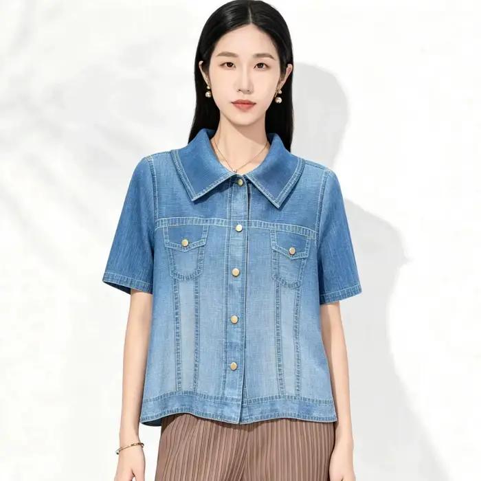 Chemise-veste en jean plissée Miyake à manches courtes pour femme – Nouvelle collection été