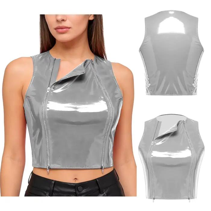 Débardeur Crop Top Femme en Similicuir PU Effet Mouillé avec Double Fermeture Éclair sur le Devant