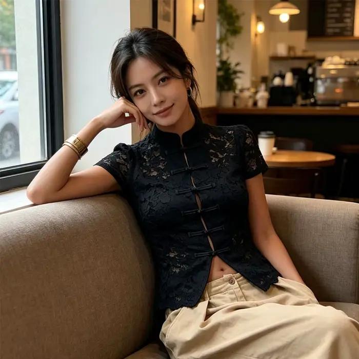 T-shirts et hauts vintage pour femmes à col mandarin