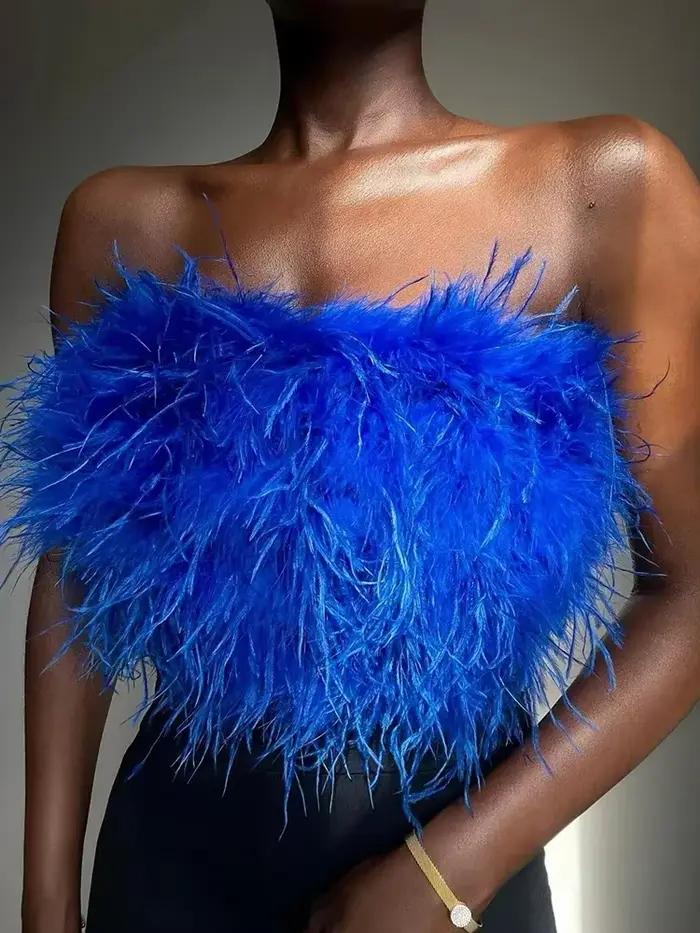 Nouveaux hauts bustier sans bretelles en fourrure et plumes pour femmes