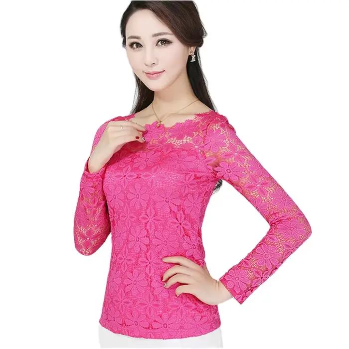 Dames nouvelle mode sexy chemisier mince à manches longues chemise en dentelle