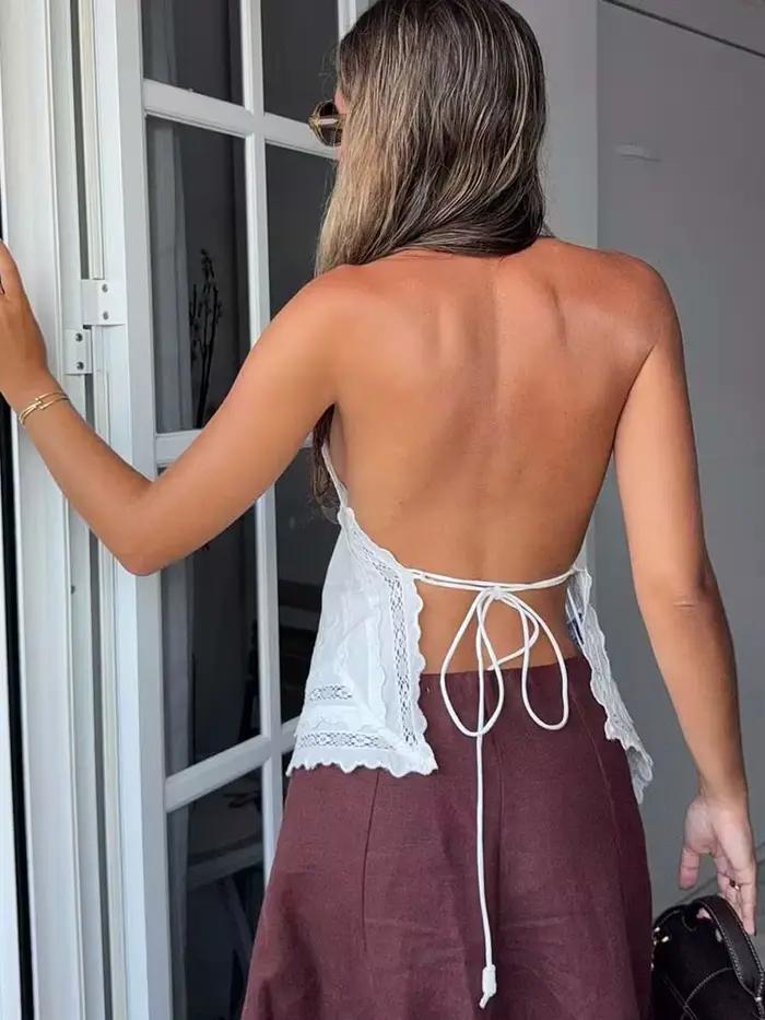 Nouvelles femmes broderie licou mode élégant haut court cravate femme 2025 sans manches dos nu hauts courts