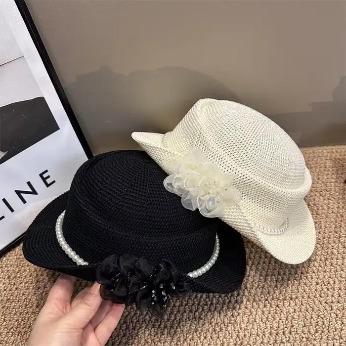 Chapeaux de paille plats à motif floral français pour femmes