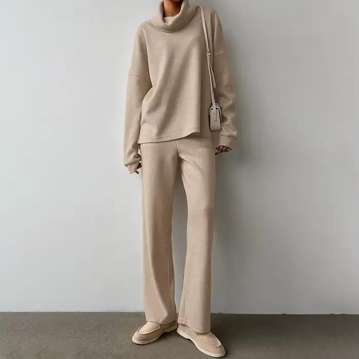 Ensemble de chandail en tricot à col haut kaki pour femmes