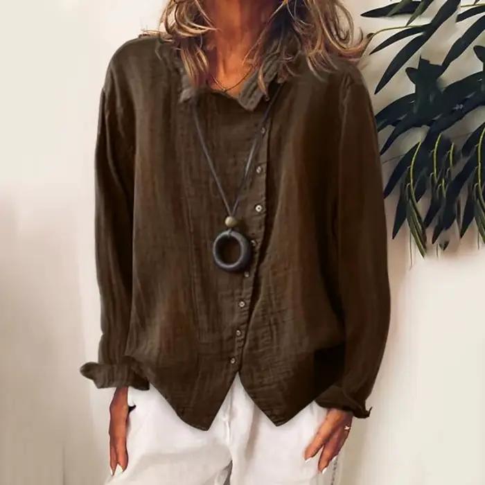 Chemisier femme 2026 décontracté d'été respirant ample couleur unie élégant en coton et lin à manches longues – Vêtements féminins