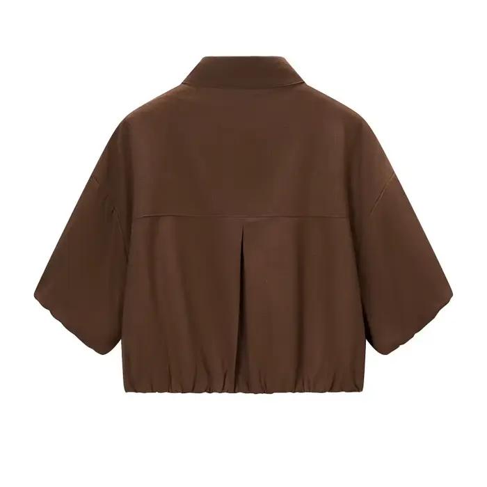 Chemisier CharmChant pour femme en mélange de lin marron, style Y2K, manches courtes, ourlet élastique, coupe courte, boutonné, décontracté, pour le bureau et les soirées estivales