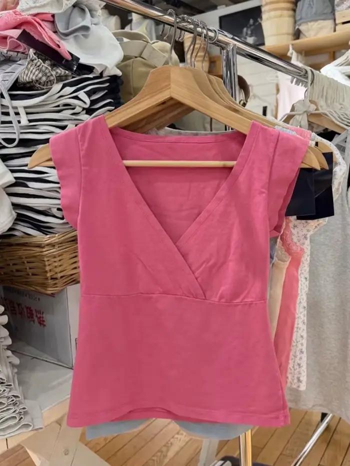 Nouveau Crop Top Rose Rouge Slim Femme Sexy Col V Manches Courtes Coton T-shirt Court Uni Décontracté Simple Doux Polyvalent