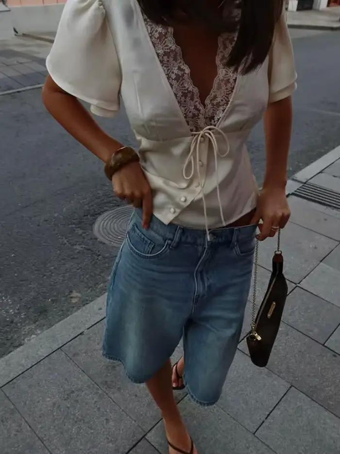 Nouveau T-shirt court chic en satin blanc sexy pour femme