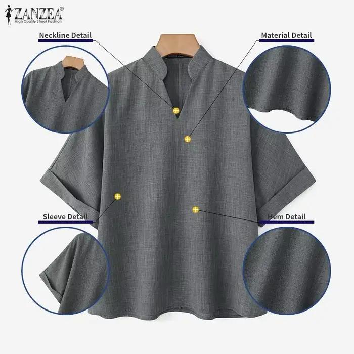 Élégantes Blouses ZANZEA pour Femmes – Col en V, Couleur Unie, Manches Mi-Longues, Style Streetwear, Idéales pour le Travail et les Fêtes, Coupe Ample