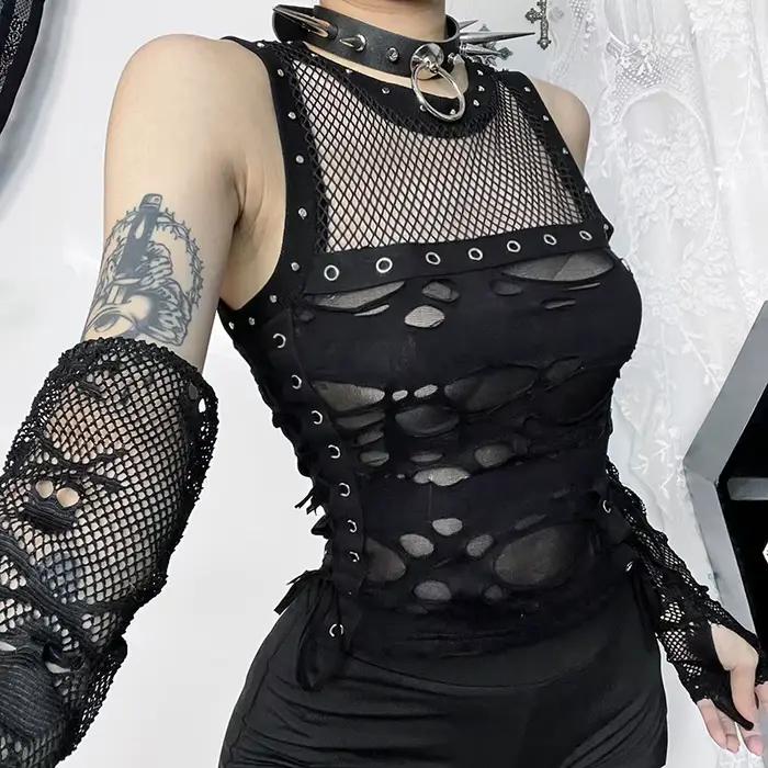 Goth Skull Fishnet Mall Crop Top pour femme