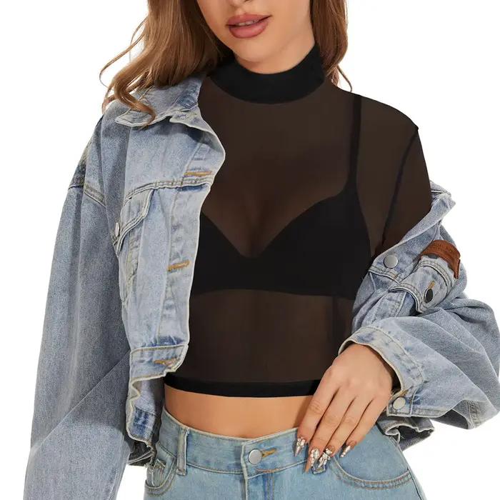 Grande taille S-5XL Sexy femmes T-Shirt voir à travers des hauts en maille transparente à manches longues pure mince