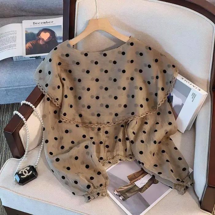 Chemise en mousseline de soie à col beurre à pois français pour femmes
