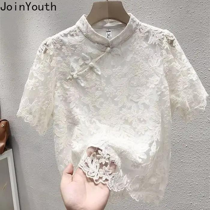 Mousseline De soie dentelle Blouse femmes à manches courtes col montant chemises Vintage 2025 Blusas Mujer De Moda coréen été Blouses hauts Femme