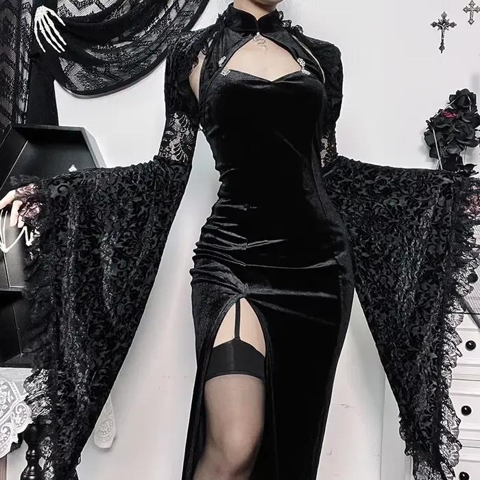 Demi-chemise en velours à manches évasées pour femmes, blouse en dentelle évidée, manteau de style palais, couverture punk