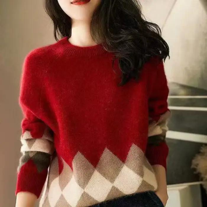 Pull femme rouge Plaid hauts en tricot