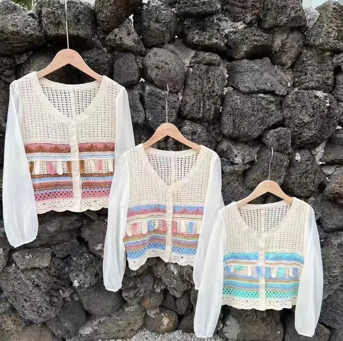 Haut en crochet brodé en Y pour femme avec manches en mousseline de soie