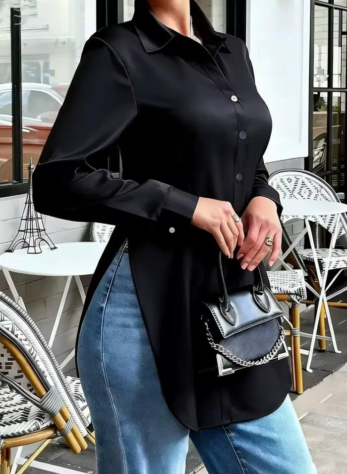 Chemise en satin pour femme – Chemisier boutonné à manches longues avec haut brillant élégant