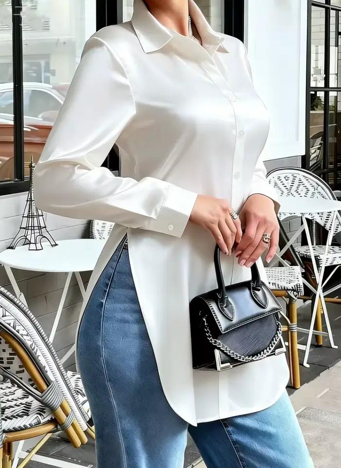 Chemise en satin pour femme – Chemisier boutonné à manches longues avec haut brillant élégant