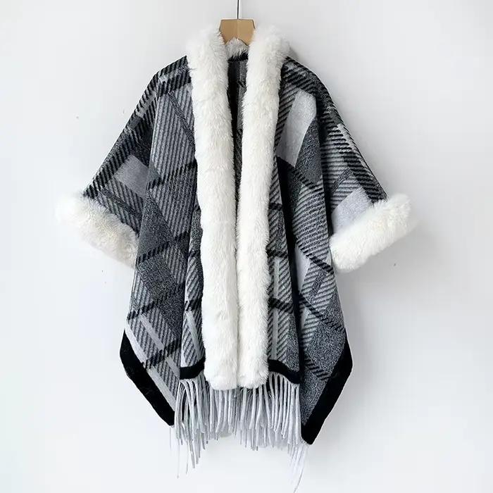 Grande taille femmes Poncho tricoté cachemire châle manteau chaud automne hiver dame Pashmina Wrap avec col de fourrure confortable laine écharpe cape