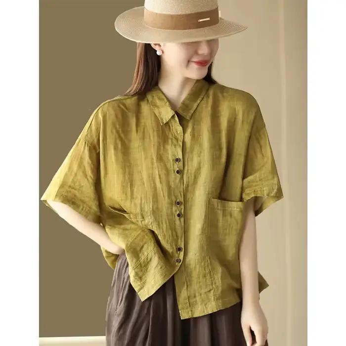 Chemisier femme 2025 printemps été couleur unie ample coton et lin dames hauts tempérament lin respirant dame chemise décontractée