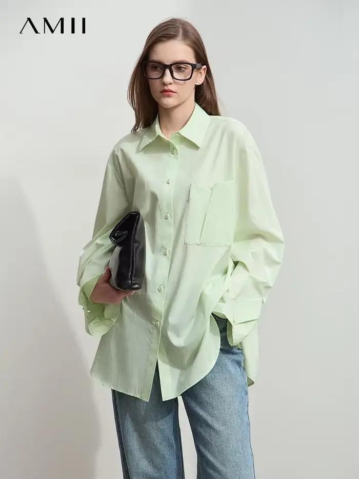Amii minimaliste solide longue chemise pour femme 2025 automne ample simple boutonnage à manches longues coton confortable décontracté hauts 12511010