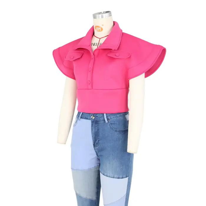 Haut court jaune décontracté avec boutonnage pour femmes, manches volantes, fermeture éclair, streetwear, printemps été
