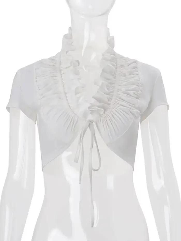 Haut court Julissa Mo à col en V profond et volants pour femmes, blanc, style sexy et moulant pour les occasions spéciales de printemps et été