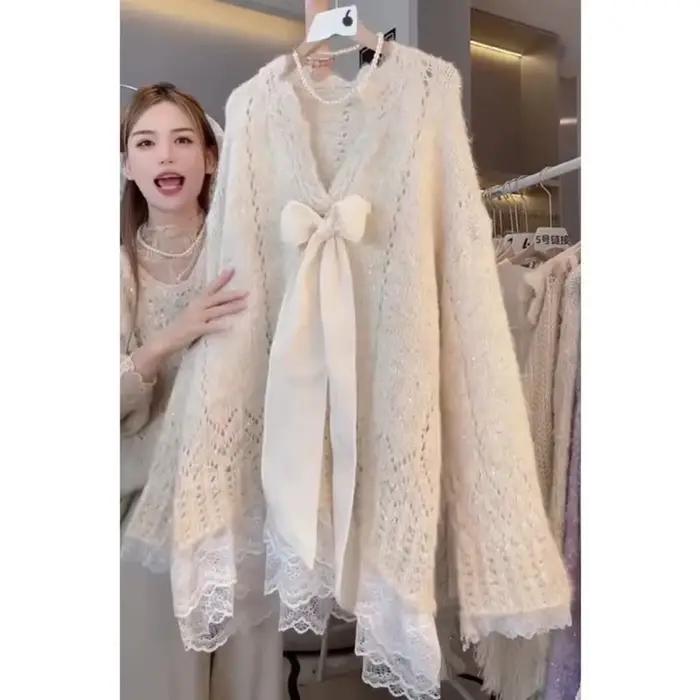 Pull en tricot ajouré en dentelle pour femme, coupe ample, polyester, col rond, automne hiver, décontracté, élégant, pour occasions spéciales ```