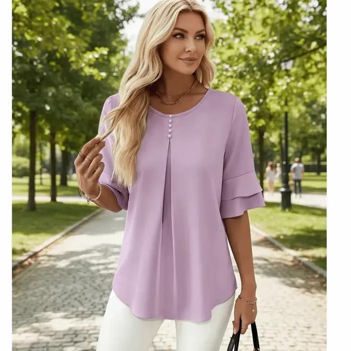 Chemisier élégant à manches évasées 3/4 couleur unie tissu plissé respirant pour femme confortable et durable à offrir pour diverses occasions